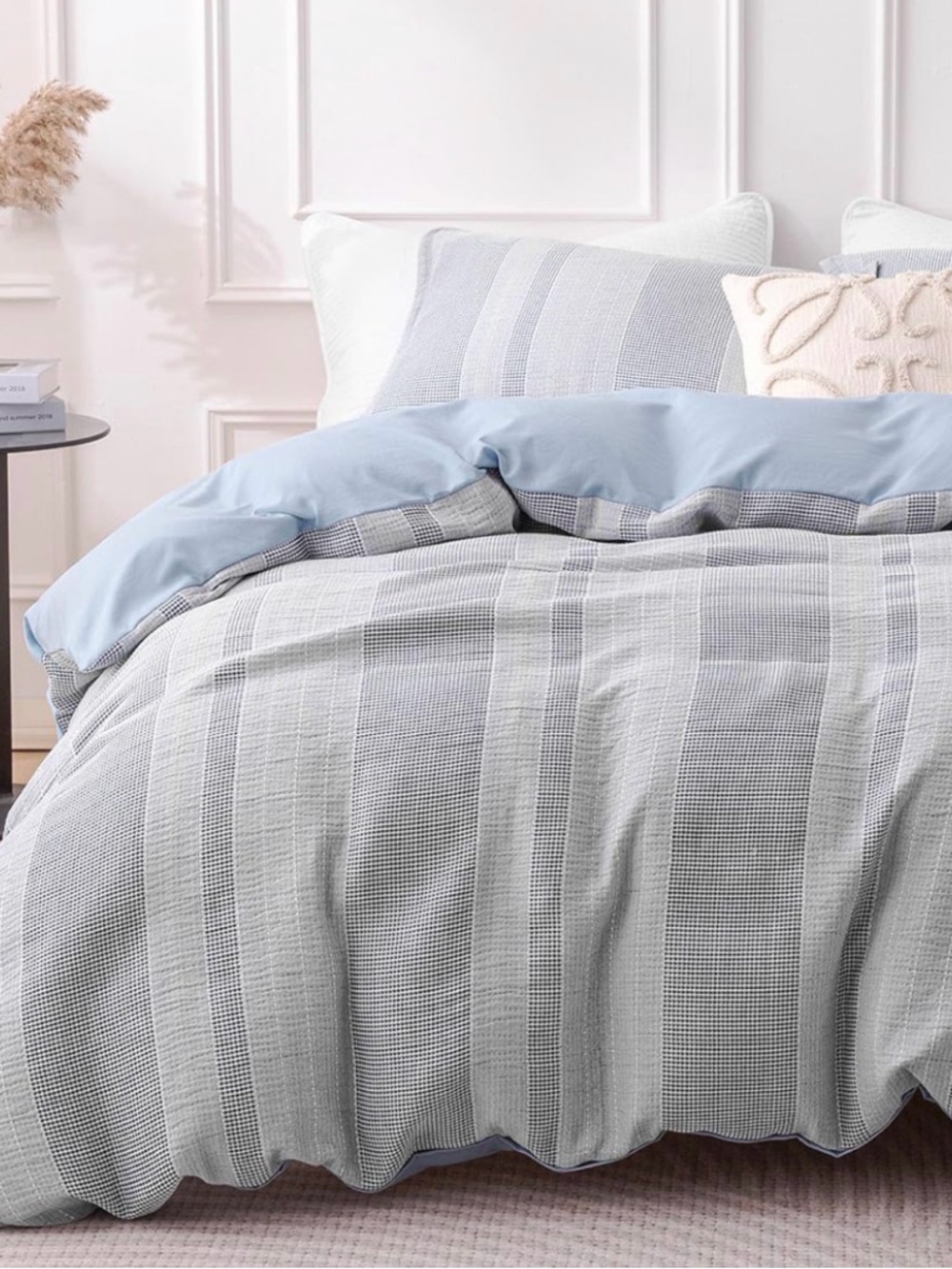 Gray Waffle Stripe Duvet Cover with White Reverse king